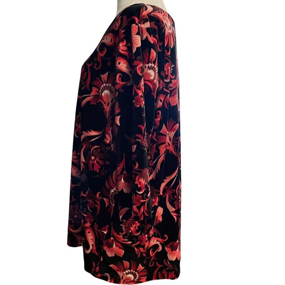 CATHERINES PETITE 1XWP VELVET FLORAL TUNIC TOP BLACK RED STRETCH 3/4 SLEEVE - Picture 6 of 10